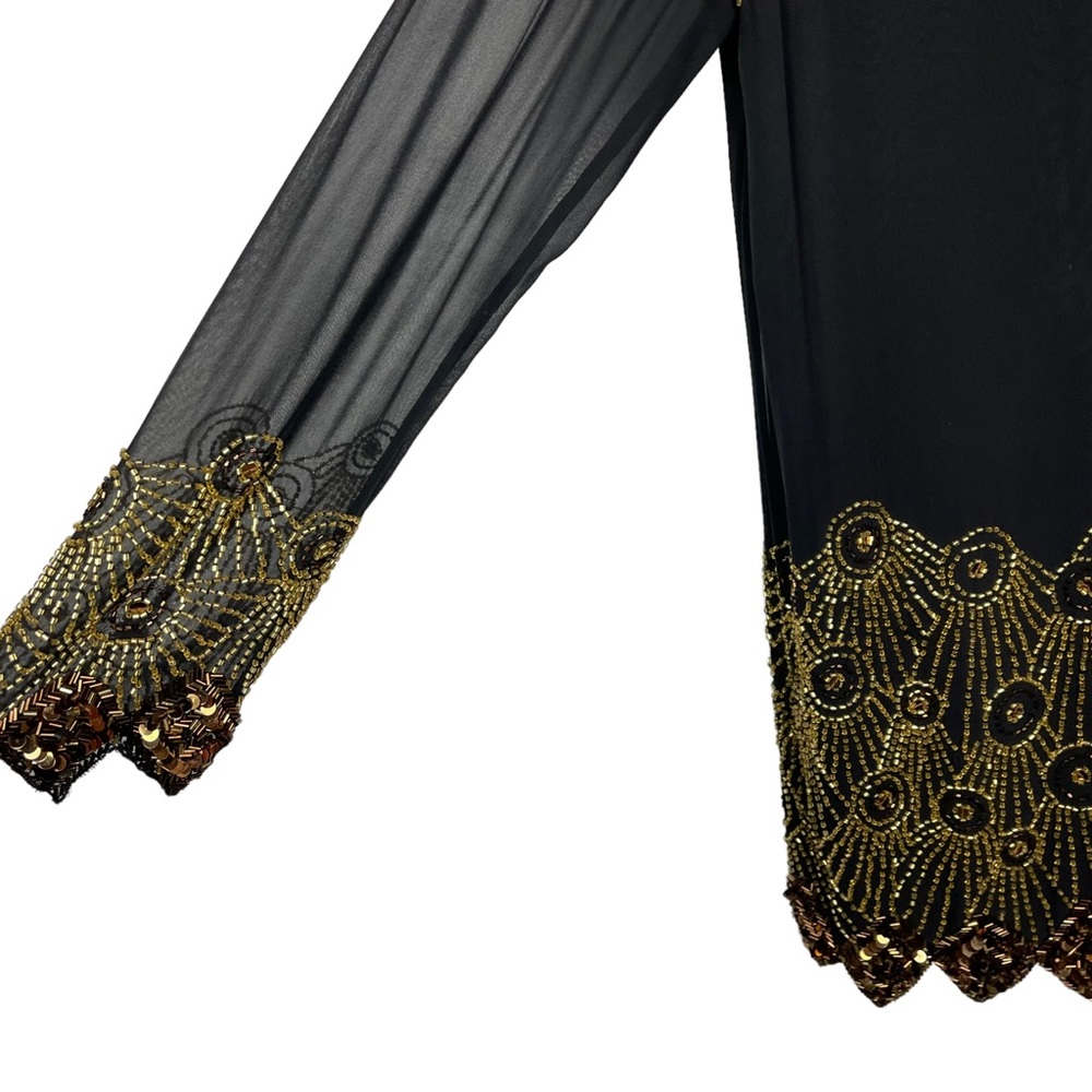 BLACK TIE BY OLEG CASSINI SILK BEADED DECO EMBELLISHED SHEER PANEL TUNIC BLOUSE - Picture 9 of 12